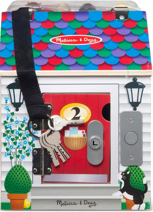Melissa & Doug Take-Along Wooden Doorbell Dollhouse - Doorbell Sounds, Keys, 4 Poseable Wooden Dolls Portable Doll House, Doorbell House for Kids Ages 3+