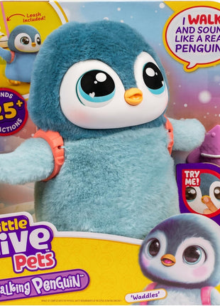 Little Live Pets Walking Penguin My Pet Waddles, Interactive Plush Penguin with 25+ Sounds and Detachable Leash, Toy Penguins for Kids of Ages 5+ | Dances, flaps wings, eats & giggles when fed; interactive plush pet toy for kids ages 5+