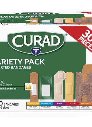 CURAD Assorted Bandages Variety Pack, 300 Count, 6 Styles Including Antibacterial, Waterproof, Sheer, Plastic, Heavy Duty & Flex-Fabric, Protects Scrapes, Cuts & Burns, Latex-Free