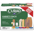 CURAD Assorted Bandages Variety Pack, 300 Count, 6 Styles Including Antibacterial, Waterproof, Sheer, Plastic, Heavy Duty & Flex-Fabric, Protects Scrapes, Cuts & Burns, Latex-Free