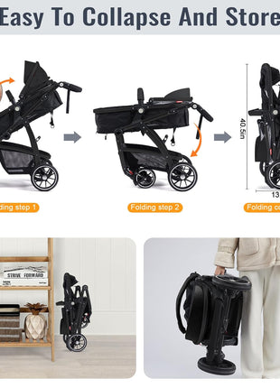Baby Stroller, 2-in-1 Reversible Toddler Seat with Lie-Flat Mode, Foldable Infant Stroller with Canopy, One Button Brake, Adjustable Handle, Newborn Pushchair (Black B)