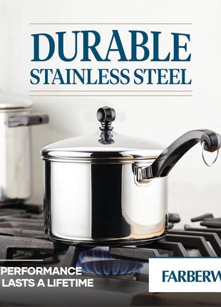 Farberware Classic Series Stainless Steel Sauce Pan with Lid, 3-Quart, Stainless Steel Pans, Induction Cookware