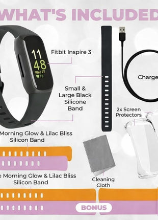 Fitbit Inspire 3 Health & Fitness Tracker Bundle - with Stress Management, Workout Intensity, Sleep Tracking, 24/7 Heart + 2 Silicone Bands, 2 Screen Protectors, Cleaning Cloth & Fast Charger