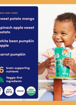 Cerebelly Organic Baby Food Pouches, Veggie & Fruit Variety Pack, DHA, 8ct | 16 Brain Nutrients, Calcium, Non-GMO, BPA-Free, No Added Sugars, Stage 1 & 2, Shelf-Stable, Nut-Free, Dairy-Free, Gluten-Free
