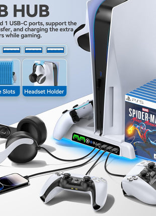PS5/Slim/Pro Stand and Cooling Station with LED Controller Charging Station for PlayStation 5 Console, Controller Charger, Cooling Stand, PS5/Slim/Pro Accessories Kit with 3 Level Cooler Fan