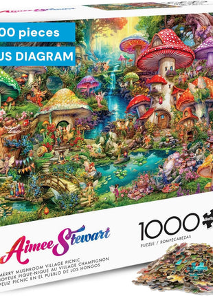 Buffalo Games - Merry Mushroom Village Picnic - 1000 Piece Puzzle | Made in USA, Recycled Board, Finished Size 26.75 x 19.75 in, Includes Poster, Giftable, Frameable Art