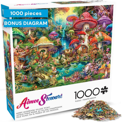 Buffalo Games - Merry Mushroom Village Picnic - 1000 Piece Puzzle | Made in USA, Recycled Board, Finished Size 26.75 x 19.75 in, Includes Poster, Giftable, Frameable Art