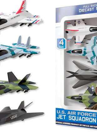 United Sates Air Force 4-Pack Toy Jet Squadron Die Cast Airplanes, Pull Back Military Fighter Jets, Diecast Air Plane Models