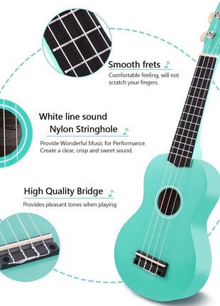 Strong Wind Soprano Ukulele 21 Inch Basswood Ukeleles for Beginners Four Strings Hawaiian Guitar Easter Ukulele for Adults Teenagers(Light Blue)