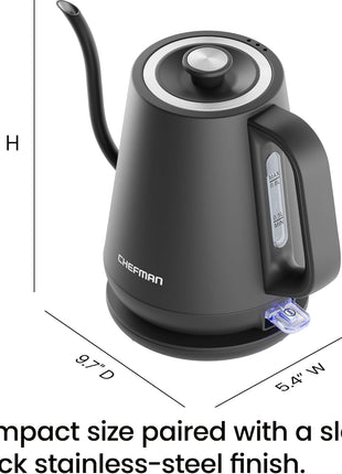 Chefman Gooseneck Electric Kettle, 0.8L Pour Over Tea Kettle for Coffee and Tea, One-Touch Operation, Boil-Dry Protection, Auto Shut-Off, Ultra-Fast Hot Water Boiler – Black