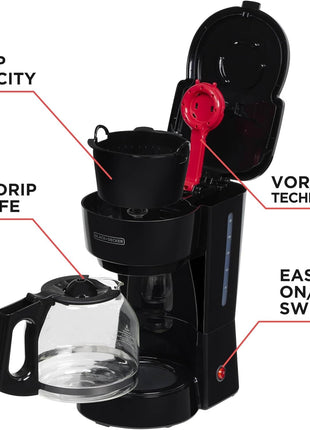 BLACK+DECKER 12-Cup Coffee Maker with Easy On/Off Switch, Easy Pour, Non-Drip Carafe with Removable Filter Basket, Vortex Technology, Black
