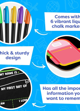 First Day of School Sign Board with Liquid Chalk Markers - 14 inchx11 inch Double-Sided & Reusable - My First and Last Day - Back to School Supplies Board for Kindergarten, Preschool
