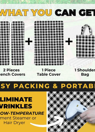 RNOONY Vinyl Fitted Picnic Table Cover with Bench Covers and Bag, 6ft Outdoor Waterproof Windproof Tablecloth with Elastic Edges. Camping RV Gear Campers Must Have 72x30 Inches 4 Pcs Set (Black)