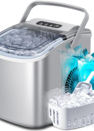 Crzoe Countertop Ice Maker,26Lbs/24H, 2 Sizes of Ice, Self-Cleaning,Grey | 8 Bullet-Shaped Ice Cubes Ready in 6 Mins, Portable Ice Machine with Ice Scoop and Basket for Home/Kitchen