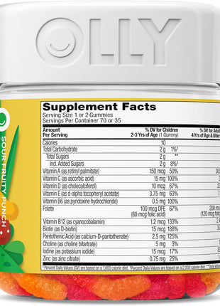 OLLY Kids Multivitamin Gummy, Overall Health and Immune Support,* Vitamins and Minerals A, C, D, E, Bs and Zinc, Kids Chewable Supplement, Sour Fruity Punch Flavored, 70 or 35 Day Supply - 70 Count