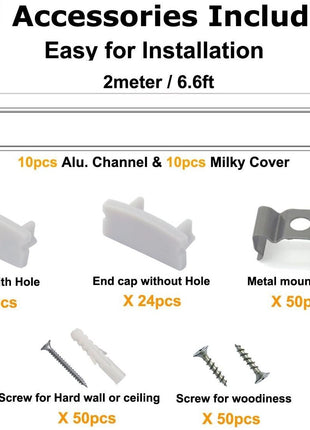 hunhun 10-Pack 6.6ft/ 2Meter U Shape LED Aluminum Channel System with Milky Cover, End Caps and Mounting Clips, Aluminum Profile for LED Strip Light Installations, Very Easy Installation