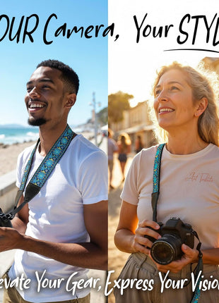 Camera Strap - Shoulder, Crossbody & Neck Camera Strap for Photographers, Fits All Cameras, Canon Nikon Sony Fujifilm, Padded Strap W/ Quick Release, Embroidered Cotton & Leather Ends, Blue