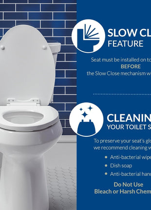 Mayfair Linden Slow Close Toilet Seat, Non Slip Heavy Duty Wood, Easy Install, Elongated, White