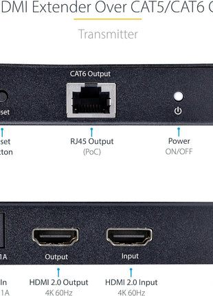 StarTech.com 4K HDMI Extender Over CAT5/CAT6 Cable, 4K 60Hz HDR Video Extender Up to 230ft (70m), HDMI Over Ethernet Cabling, S/PDIF Audio Out, HDMI Transmitter and Receiver Kit (4K70IC-EXTEND-HDMI)