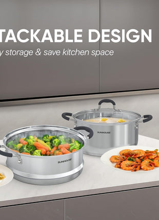 SUNHOUSE 3.1 QT Stainless Steel Steamer Pot for Cooking Vegetables | Steaming Pot with Glass Lid & Steamer Basket - 2 Tier Tri-ply Stovetop Steamer For Vegetable, Veggie - Induction Compatible