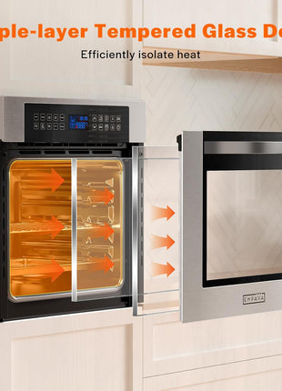 Empava 24" 2.3 cu ft Single Electric Convection Touch Oven, Stainless, C02 | 10 Cooking Functions, Convection Cooking, 360° Rotisserie, sensitive Touch Control, Black Ceramic, 2-Year Warranty