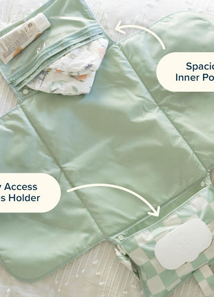 Tiny Twinkle Portable Diaper Changing Pad | Waterproof, Wipeable & Compact Baby Changing Pad for Travel | Smart Wipes Pocket & Organized Storage| Newborn Shower Gift (Sage Checkers)