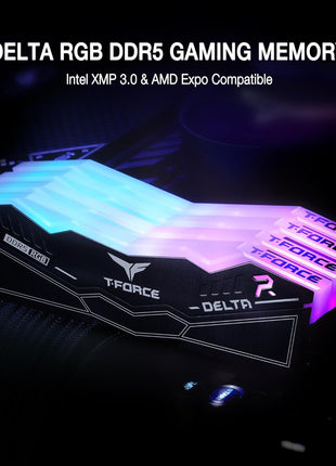 TEAMGROUP T-Force Delta RGB DDR5 Ram 32GB (2x16GB) 6400MHz PC5-51200 CL38 Desktop Memory Module Ram for 600 700 Series Chipset XMP 3.0 Ready Black FF3D532G6400HC38JDC01
