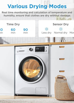 Midea 24 Inch All-in-One Front Load Washer Dryer Combo, 2.7 Cu.ft 26lbs Ventless Full-Automatic Washing Machine with Steam Care, Overnight Dry, 1400 RPM 16 Wash Cycles, White
