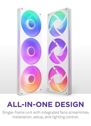 NZXT F360 RGB Core - 360mm Single-Frame RGB Fan Unit - White | 360mm single-frame unit with three 120mm RGB fans on one cable. Speed and lighting controlled through CAM.