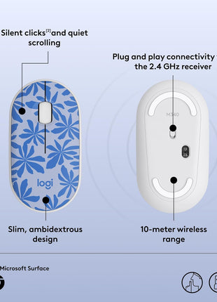Logitech M340 Wireless Mouse with Limited Edition Prints, USB Receiver and Silent Clicks, Portable Wireless Mouse for Laptop, PC, Windows, Chrome, Surface – Blue Floral