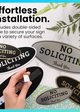 ExcelMark No Soliciting Sign for House or Business – Durable Indoor/Outdoor Sign – Easily Attach to Front Door - UV and Weather Resistant (Small - 2"x 5", Black with Gold Letters)