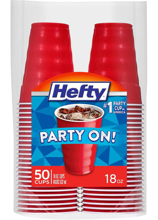 Hefty Party On Red Plastic Cups, Disposable Plastic Party Cups for Easy Cleanup and Large Gatherings, Red Cups for BBQs, Birthdays, Parties, and More, 18 Ounce, 50 Count