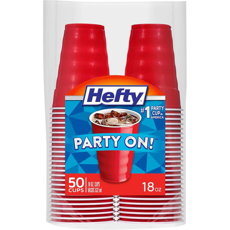 Hefty Party On Red Plastic Cups, Disposable Plastic Party Cups for Easy Cleanup and Large Gatherings, Red Cups for BBQs, Birthdays, Parties, and More, 18 Ounce, 50 Count