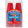 Hefty Party On Red Plastic Cups, Disposable Plastic Party Cups for Easy Cleanup and Large Gatherings, Red Cups for BBQs, Birthdays, Parties, and More, 18 Ounce, 50 Count