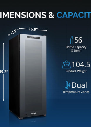 NewAir Shadow Series Wine Cooler Refrigerator 56 Bottles Dual Temperature Zones, Freestanding Mirrored Wine and Beverage Fridge with Double-Layer Tempered Glass Door & Compressor Cooling for Wine