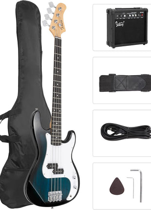 GLARRY Full Size Electric Bass Guitar with 20W AMP, 4 String Beginner Starter Kit with Accessories including Cable, Strap, Bag for Kids and Adults (Dark blue)