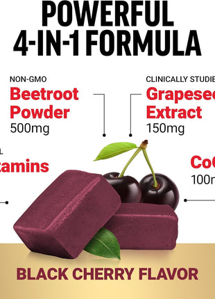 Force Factor Total Beets Ultimate Heart Health Chews for Blood Pressure Support, with Beetroot Powder,CoQ10,B Vitamins & Grapeseed Extract for Blood Flow&Energy, Black Cherry,60 Soft Chews,(Pack of 2)