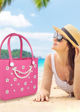 Charms for Bogg Bag,Decorative Flowers Pearls and Chain Set for Rubber Tote Bag, Must Have Accessories for Women Girls Simply Southern Beach Totes Bling Decoration