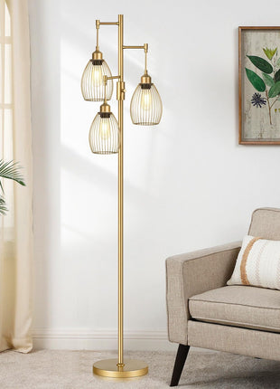 Dimmable Industrial Floor Lamps for Living Room, Gold Tree Standing Tall Lamps with 3 Elegant Teardrop Cage Head & 800 Lumens LED Bulbs for Bedroom Office