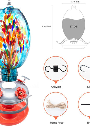 Muse Garden Glass Humming Bird Feeders for Outdoors - 27OZ Blown Glass Hummingbird Feeder - Unique Gift Mom Women, Outdoors Hanging Garden Decor, Includes Ant Moat & Brush, Blue Fireworks