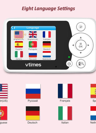 VTimes Baby Monitor with Camera and Audio, No WiFi, 2.4" LCD Screen, Two-Way Talk, Portable, Night Vision, 1000ft Range, Temperature Sensor, Alarm and Lullaby, for Baby Shower