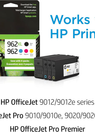 Original HP 962 Cyan, Magenta, Yellow / 962XL Black Ink Cartridges (4-Pack) | Works with HP OfficeJet 9010 Series, HP OfficeJet Pro 9010, 9020 Series