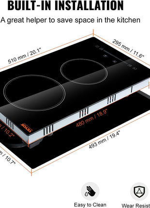 VEVOR Built in Electric Stove Top, 12 inch 2 Burners Ceramic Cooktop, Glass Radiant Cooktop with Sensor Touch Control, Timer & Child Lock Included, 9 Power Levels for Simmer Steam Slow Cook Fry,110V