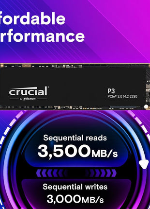 Crucial P3 PCIe Gen3 NVMe 500GB SSD, Up to 3,500MB/s Read, Laptop & Desktop (PC) Compatible, Solid State Drive – CT500P3SSD8