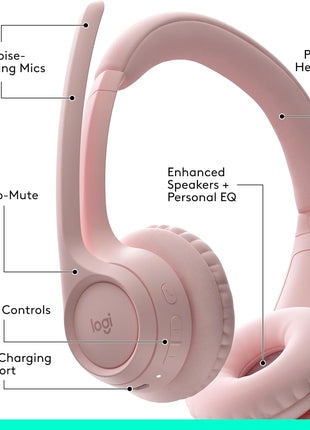 Logitech Zone 300 Wireless Bluetooth Headset with Noise-Canceling Microphone, Compatible with Windows, Mac, Chrome, Linux, iOS, iPadOS, Android – Rose