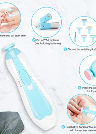 Qunlions life Electric Nail File Drill for Baby No Sharp Claws Hurt, 6 in 1 Safety Cutter Trimmer Clipper for Toes and Fingers (Blue)