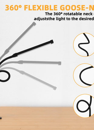 Voncerus LED Desk Lamp with Clamp, Eye-Caring Clip on Lights for Home Office, 3 Modes 10 Brightness, Long Flexible Goose-Neck, Metal, Swing Arm Architect Task Table Lamps with USB Adapter, Black