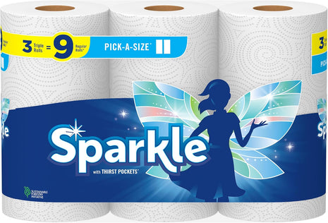 Sparkle Pick A Size Paper Towels, 3 Triple Rolls = 9 Regular Rolls, Everyday Value Paper Towel With Full And Half Sheets