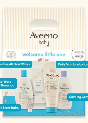 Aveeno Baby Welcome Little One Gift Set, Baby Skincare Set with Nourishing Baby Body Wash & Shampoo, Calming Bath Wash, All Over Baby Wipes, Daily Moisturizing Lotion, & Baby Balm, 5 Items