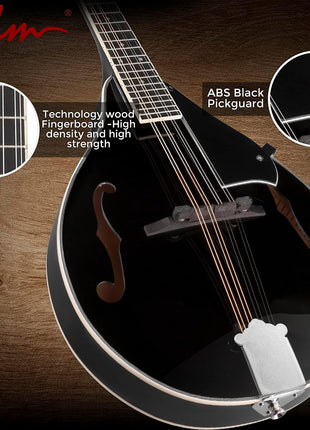 ADM Acoustic Mandolin Instrument Kit Music A Style for Kids Students Adults Wood Mandolins Beginner Set With Bag, Tuner, Pick-up, Strap, Strings, Picks and Hanger, Drak Black